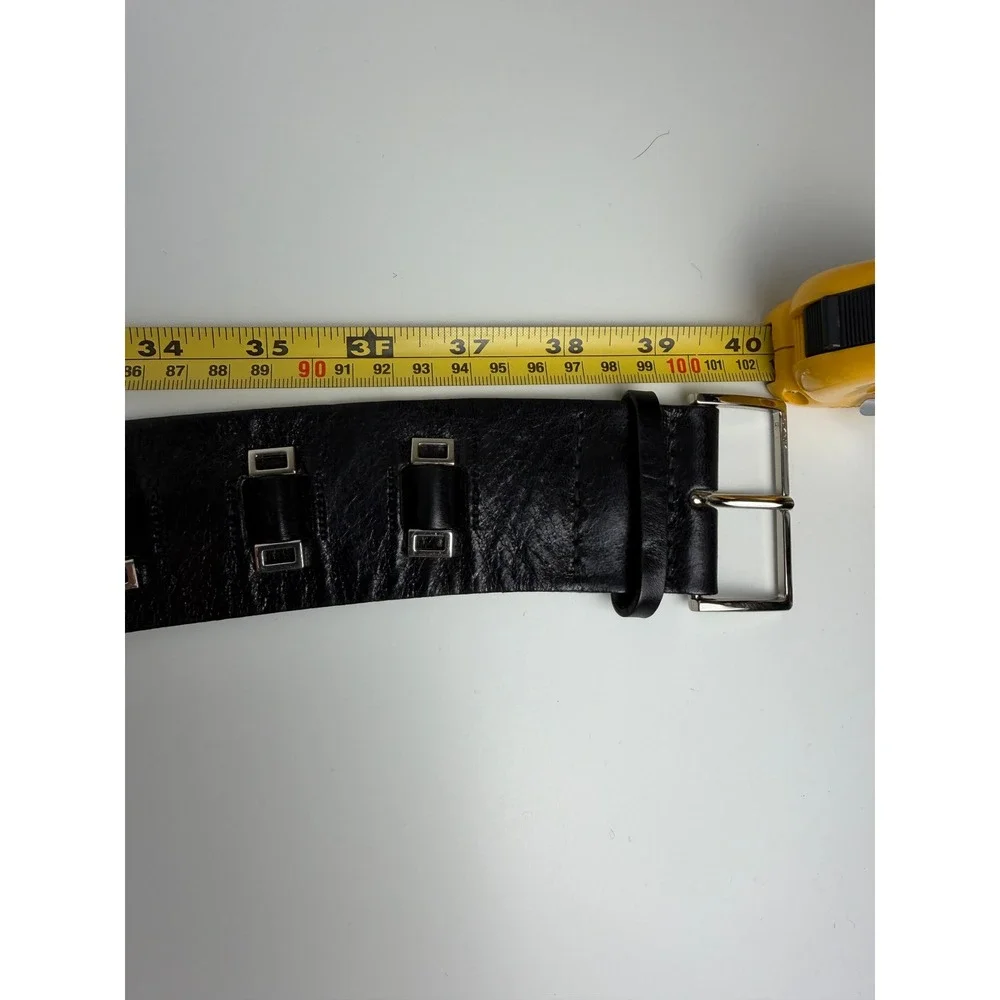 DKNY Womens Leather Wide Belt XL Black Silver Hardware Studded Statement 40